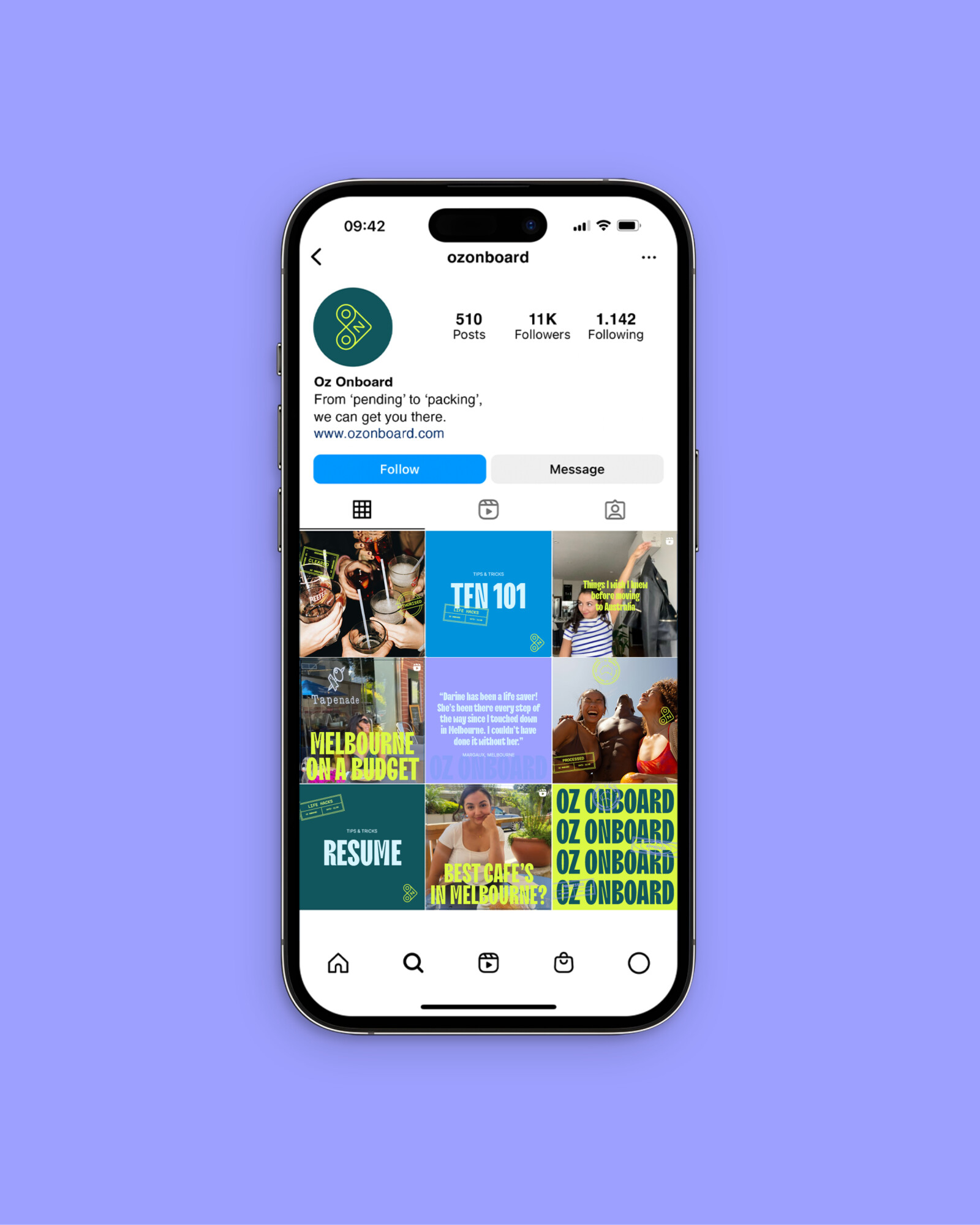 A smartphone displaying the Instagram profile for Oz Onboard, showcasing a personalised property marketing campaign through a grid of posts about moving to Australia.