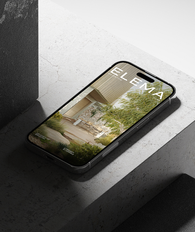 Smartphone displaying a personalised property marketing campaign for the Elema project, featuring a rendering of a modern outdoor patio resting on a concrete surface.