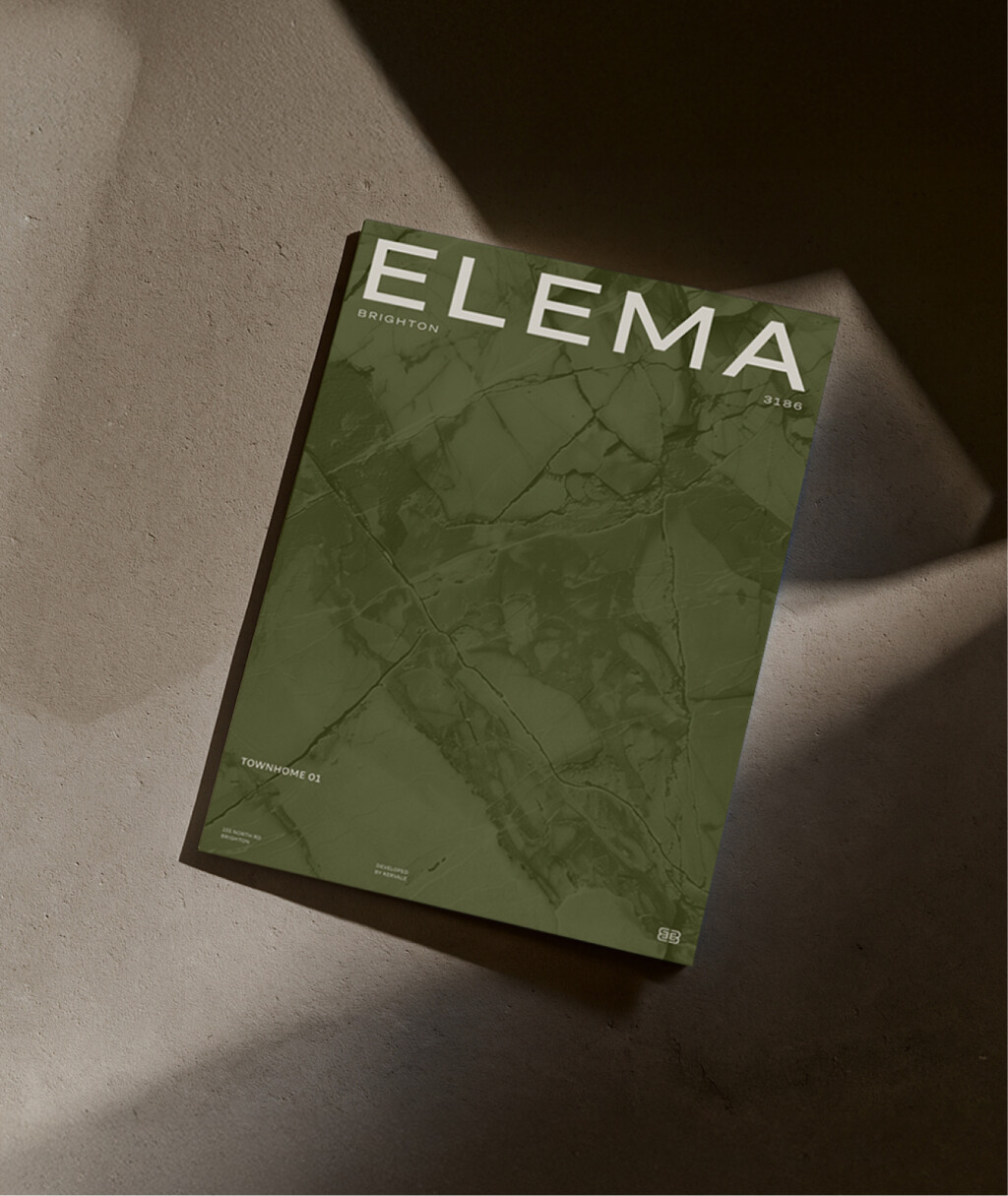 A green marble-patterned brochure for Elema Brighton, highlighting a personalised property marketing campaign adapting in real-time.
