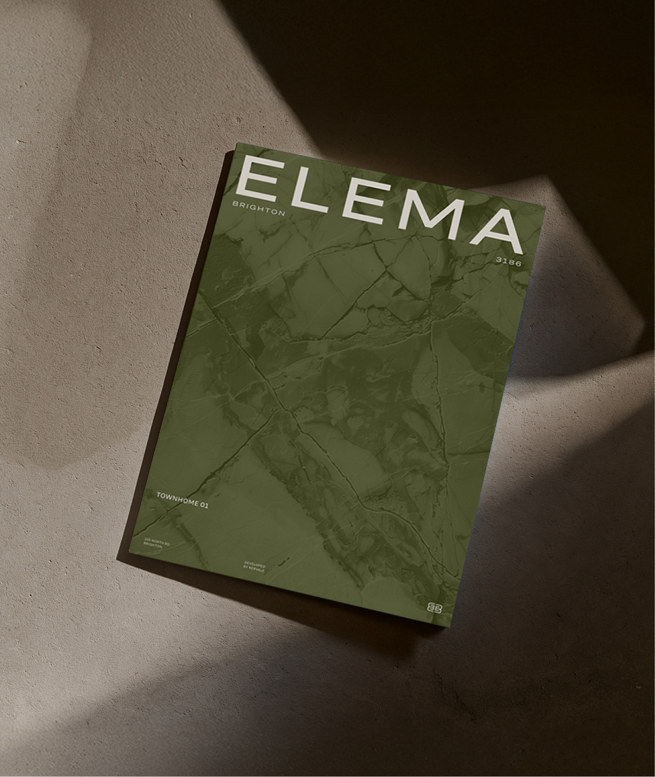 A green marble-patterned brochure for Elema Brighton, highlighting a personalised property marketing campaign adapting in real-time.