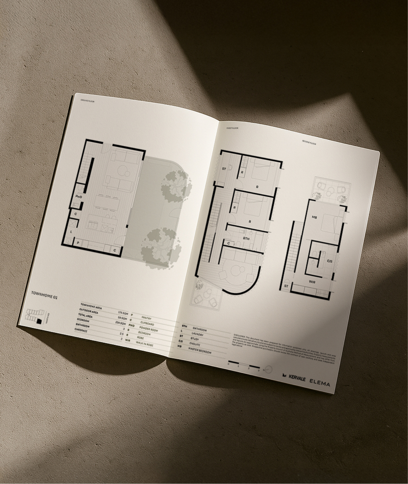 Open brochure displaying townhouse floor plans with ground and first floor layouts, part of a personalised property marketing campaign adapting in real time.