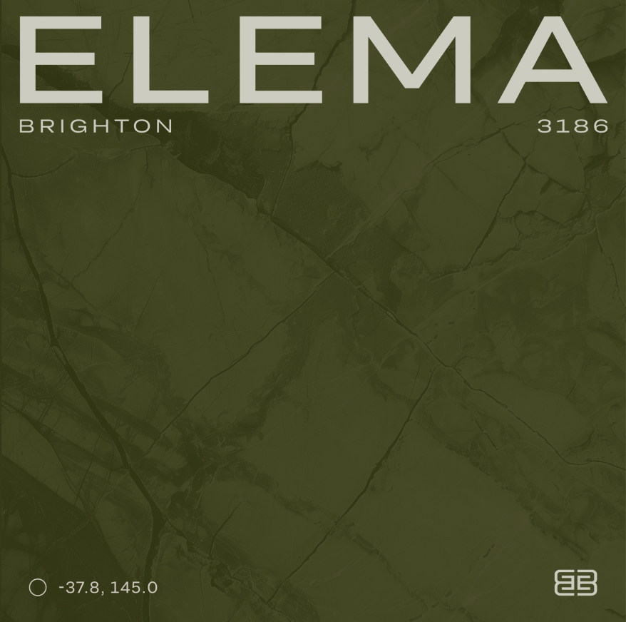 Elema Brighton 3186 logo with co-ordinates -37.8, 145.0 over a dark green marbled background, designed for a personalised property marketing campaign adapting in real-time.