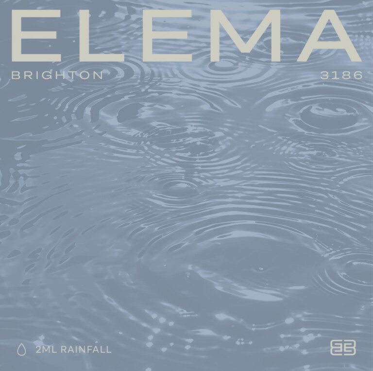 A monogramme logo sits in the corner of a rippling blue water background, which displays a personalised property marketing campaign reading ELEMA BRIGHTON 3186 and 2ML RAINFALL.