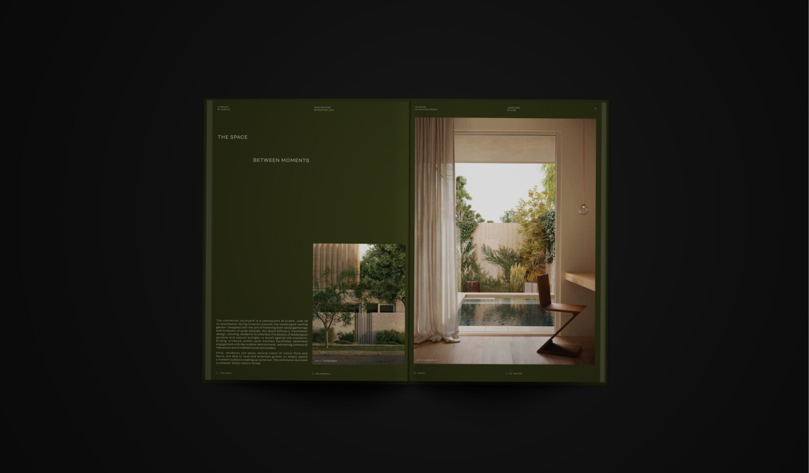 Open brochure showing a personalised property marketing campaign for a contemporary home with a courtyard pool and garden.