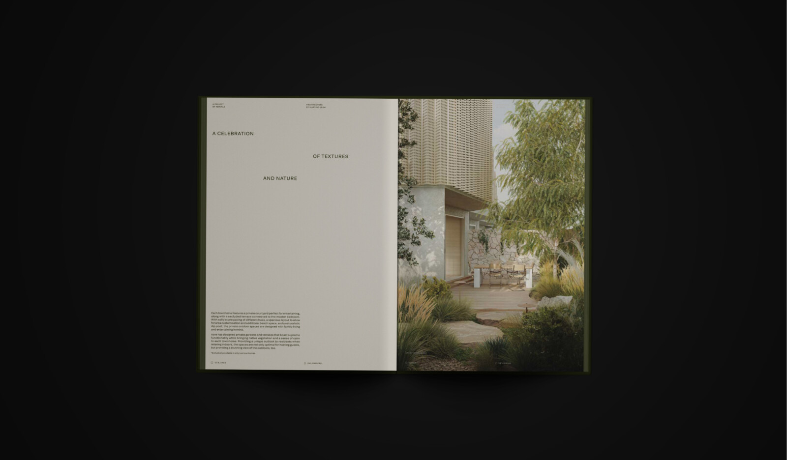 Open magazine spread featuring A Celebration of Textures and Nature on the left and an architectural rendering of a home with a private courtyard, representing a personalised property marketing campaign adapting in real time.
