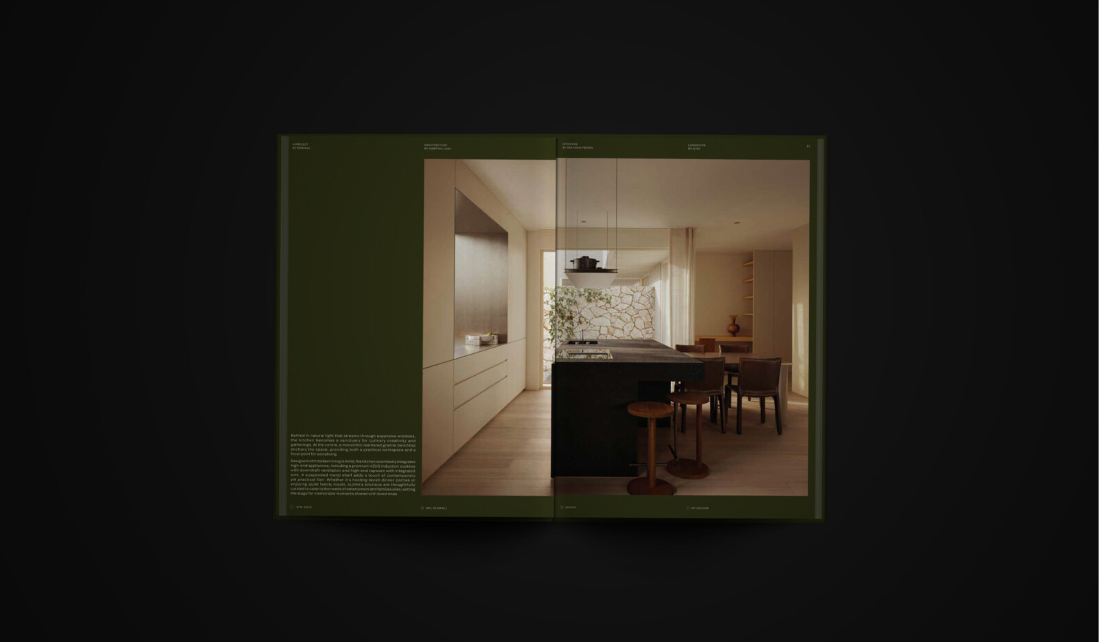 A design publication spread featuring a modern kitchen with a dark island and light wood cabinetry, showcasing a personalised property marketing campaign adapting in real-time alongside columns of descriptive text.
