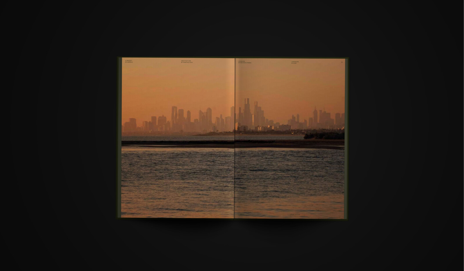 Open book showing a photograph of a city skyline at sunset across a calm body of water, used in a personalised property marketing campaign adapting in real-time.