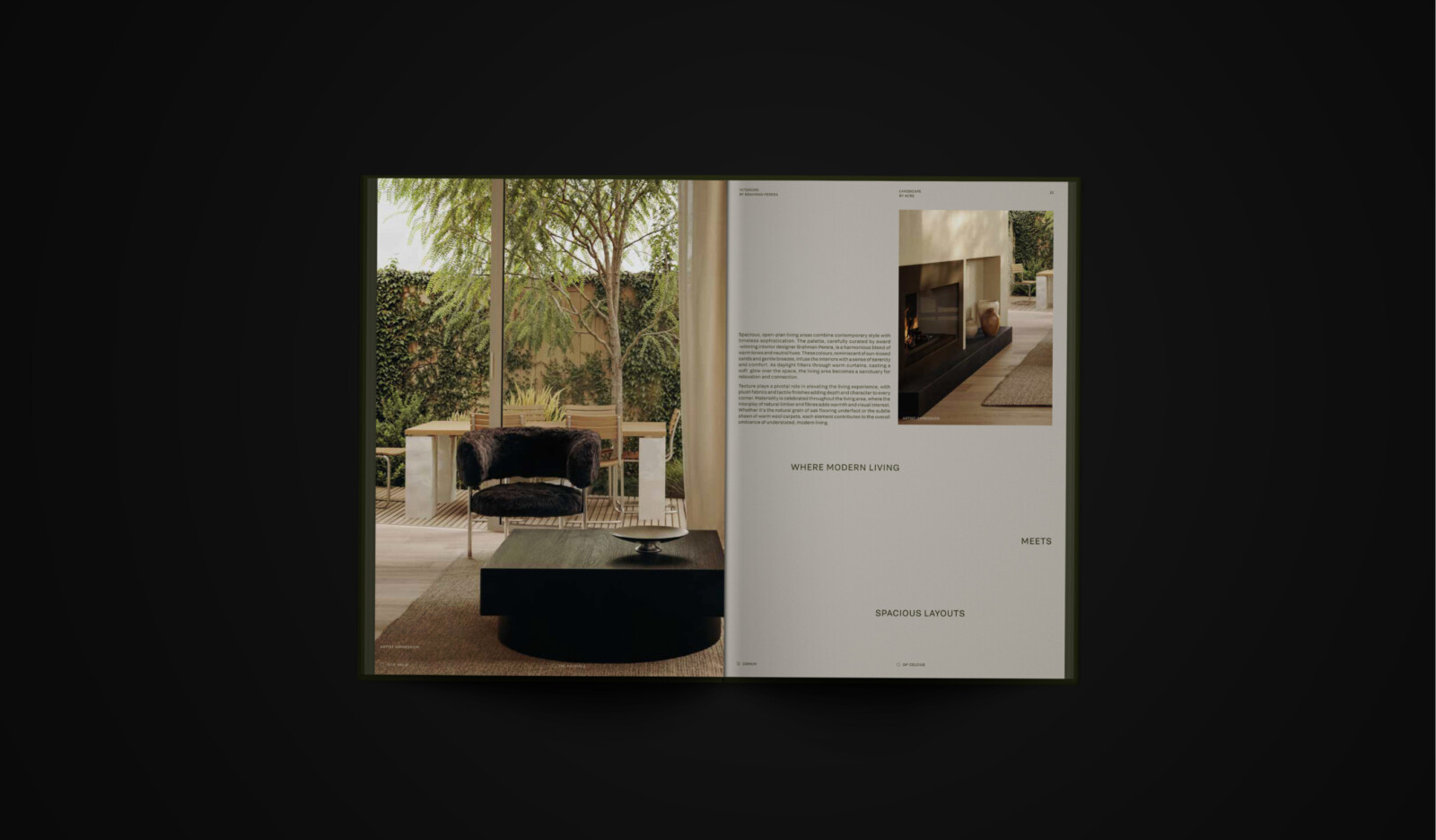 Open magazine spread featuring a modern living room for a personalised property marketing campaign on the left, and a fireplace setting with descriptive text on the right.