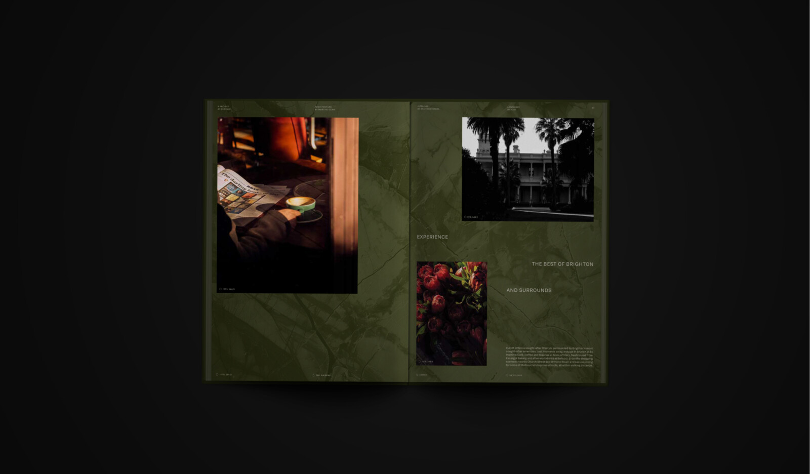 Open magazine spread featuring a person reading, a historic building with palms, red flowers, and text about Brighton as part of a personalised property marketing campaign adapting in real time.