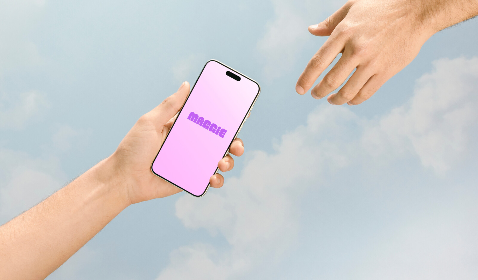 A hand holds a mobile phone displaying the name MAGGIE, whilst a second hand reaches towards the screen against a cloudy sky, illustrating a personalised property marketing campaign adapting in real time.