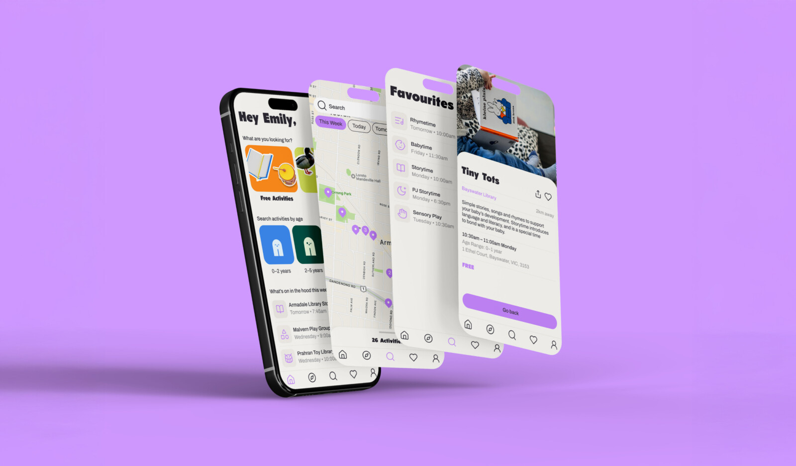 Three smartphones layered over each other, displaying a mobile app interface for personalised property marketing campaigns, local children’s activities, maps, and event details.