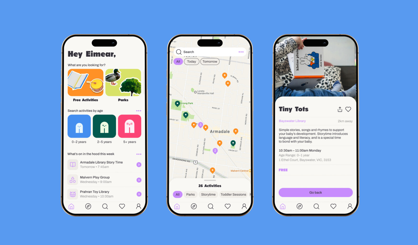 Three smartphones displaying a community activity app interface, featuring a homepage with event categories, a map view, and a detail page for a library story time event as part of a personalised property marketing campaign.