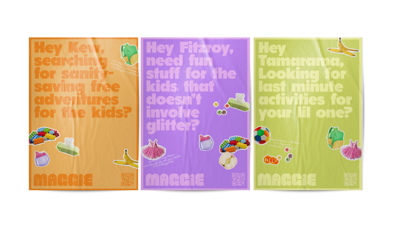 Three posters from Maggie featuring colourful text and sticker-style illustrations of toys, snacks, and clothing, designed for a personalised property marketing campaign adapting in real-time for parents in Kew, Fitzroy, and Tamarama.
