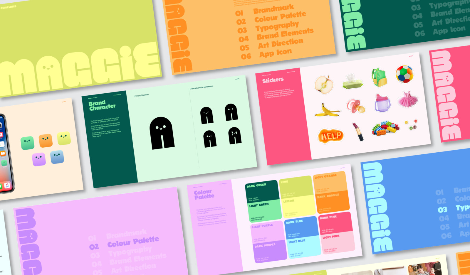 A brand identity presentation featuring the Maccie logo, character designs, a colour palette, sticker illustrations, and typography guidelines arranged in a grid for a personalised property marketing campaign.