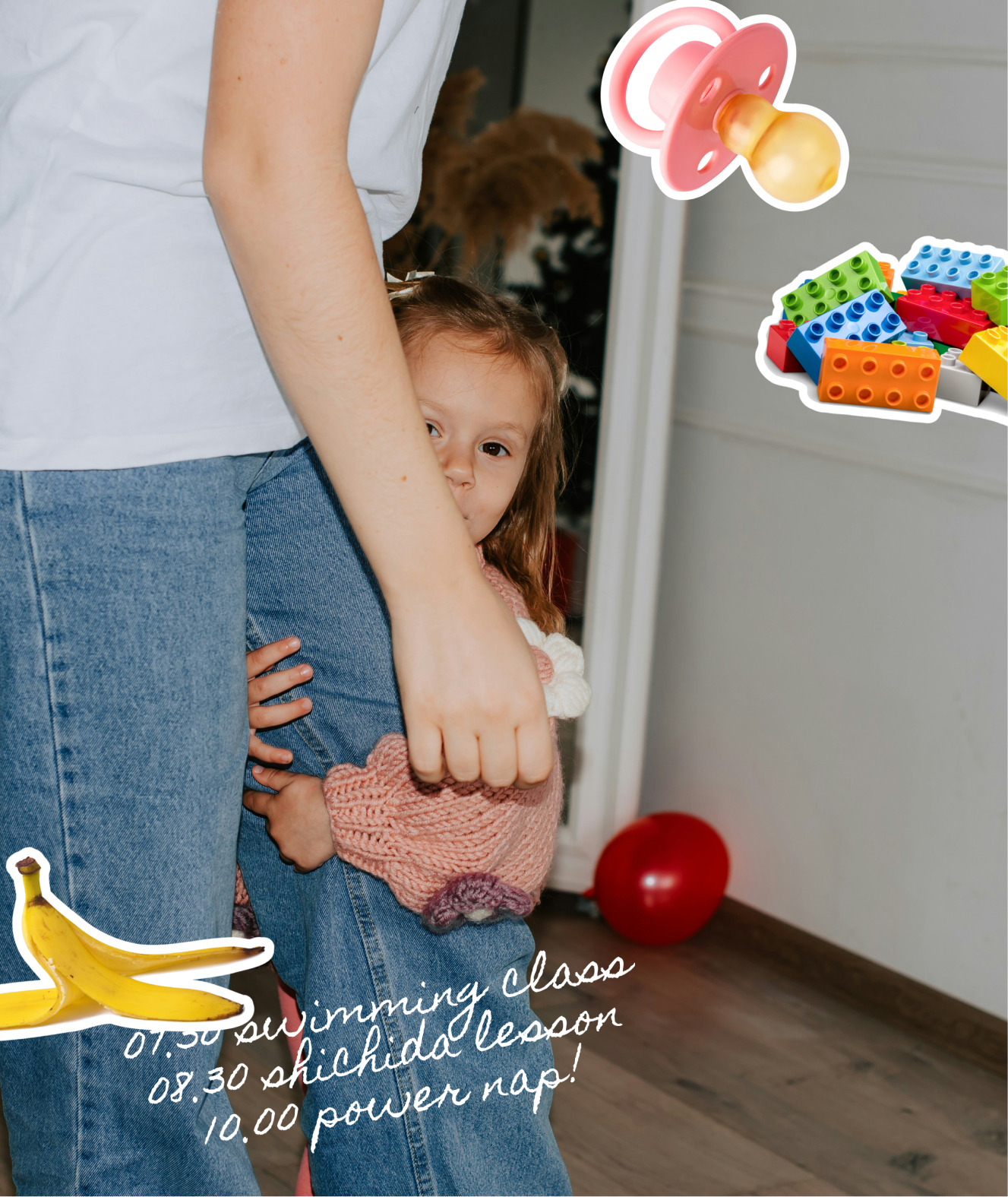 A young child in a pink jumper hides behind an adult’s legs amid floating illustrations of building bricks and a morning timetable, symbolising a personalised property marketing campaign adapting in real-time.