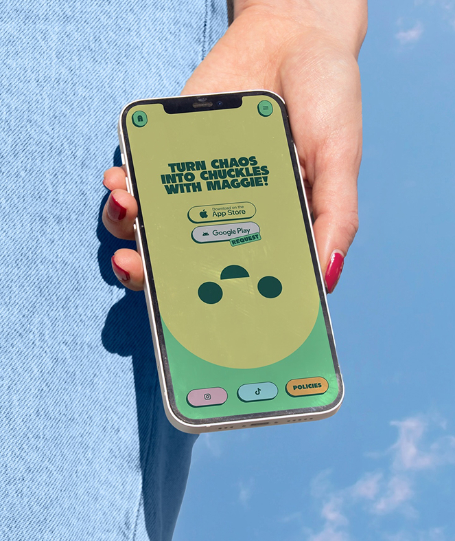 A hand holds a smartphone displaying a personalised property marketing campaign on a landing page titled Turn Chaos Into Chuckles With Maggie!, featuring download buttons for the Apple App Store and Google Play.