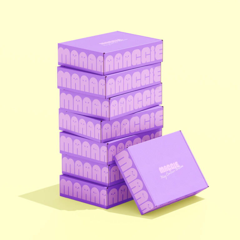 A stack of six purple shipping boxes with a seventh leaning against them, featuring ghost patterns and text for a personalised property marketing campaign adapting in real time.