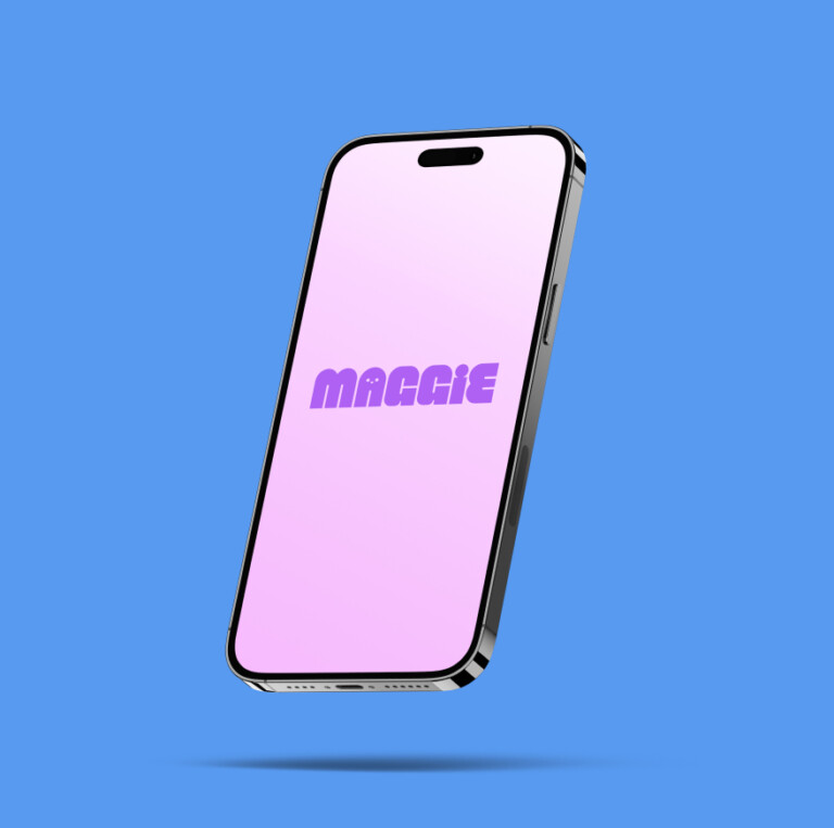 A smartphone floating against a blue background with the word maccie displayed on its pink screen, highlighting a personalised property marketing campaign.