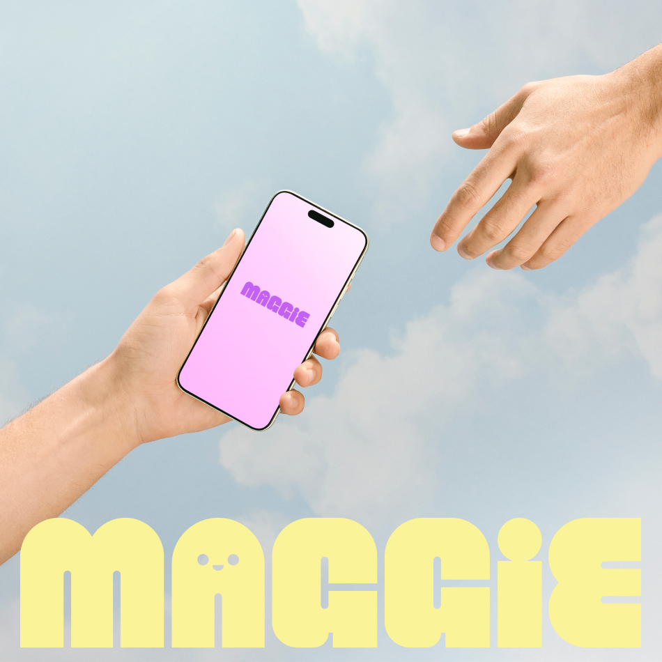 A hand holds a mobile phone with a pink screen displaying the name MAGGIE as another reaches towards it, highlighting a personalised property marketing campaign against a cloudy sky with large yellow MAGGIE text at the bottom.