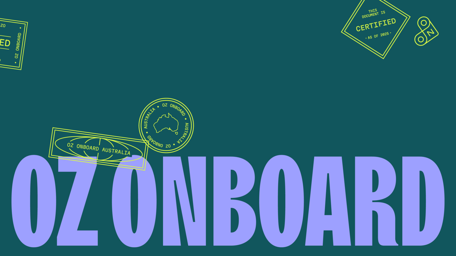 The text OZ ONBOARD in large, light purple letters centred on a dark teal background, surrounded by various OZ ONBOARD and CERTIFIED stamp graphics for a personalised property marketing campaign.
