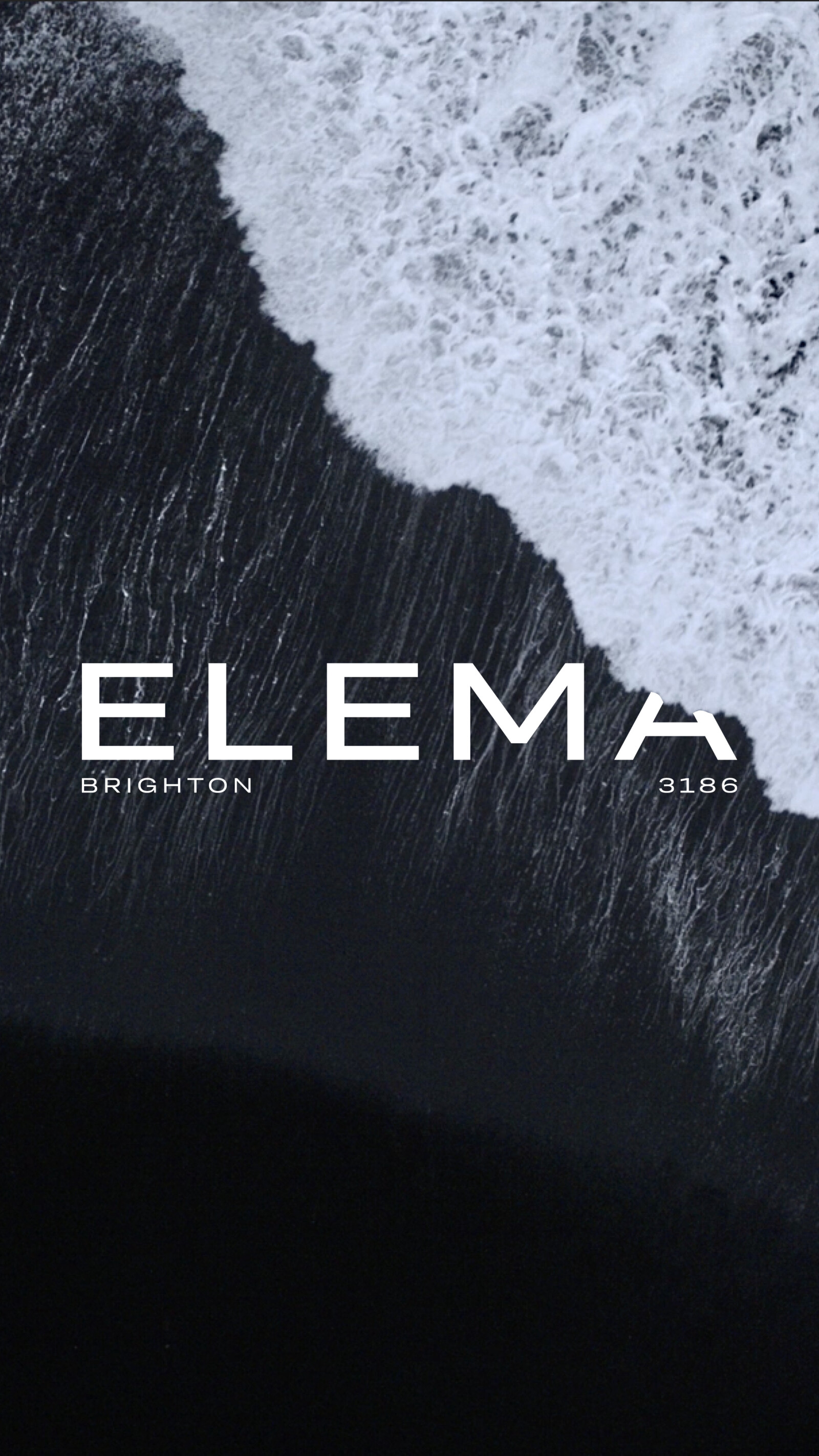 Aerial view of white ocean waves crashing against a dark beach with the text ELEMA BRIGHTON 3186, part of a personalised property marketing campaign.