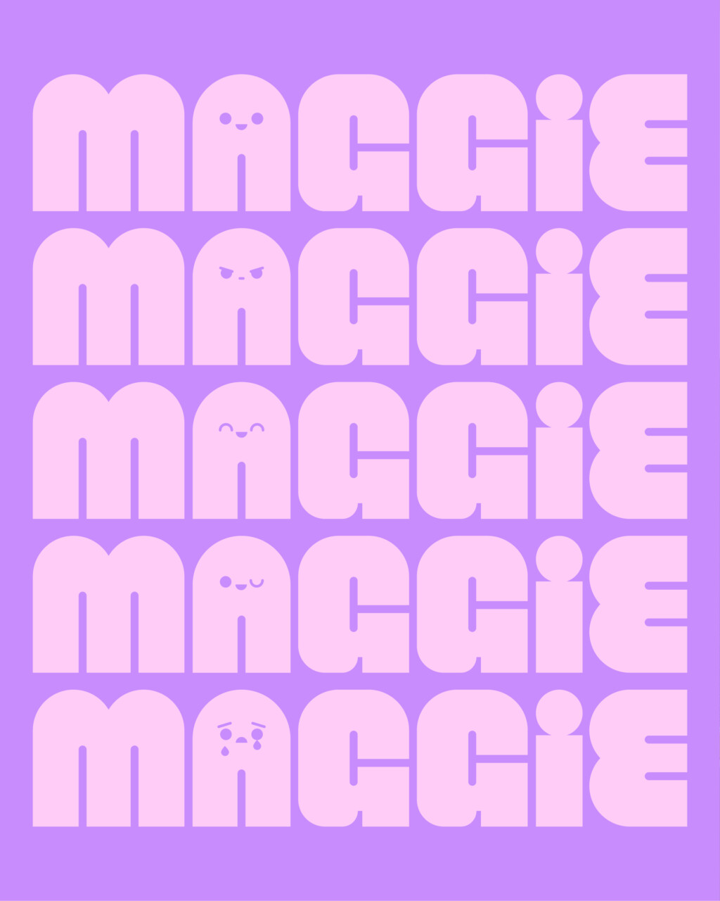 Five lines of the word MAGGIE in light pink, rounded letters on a purple background, with a different expressive emoji face integrated into the letter A on each line for a personalised property marketing campaign.