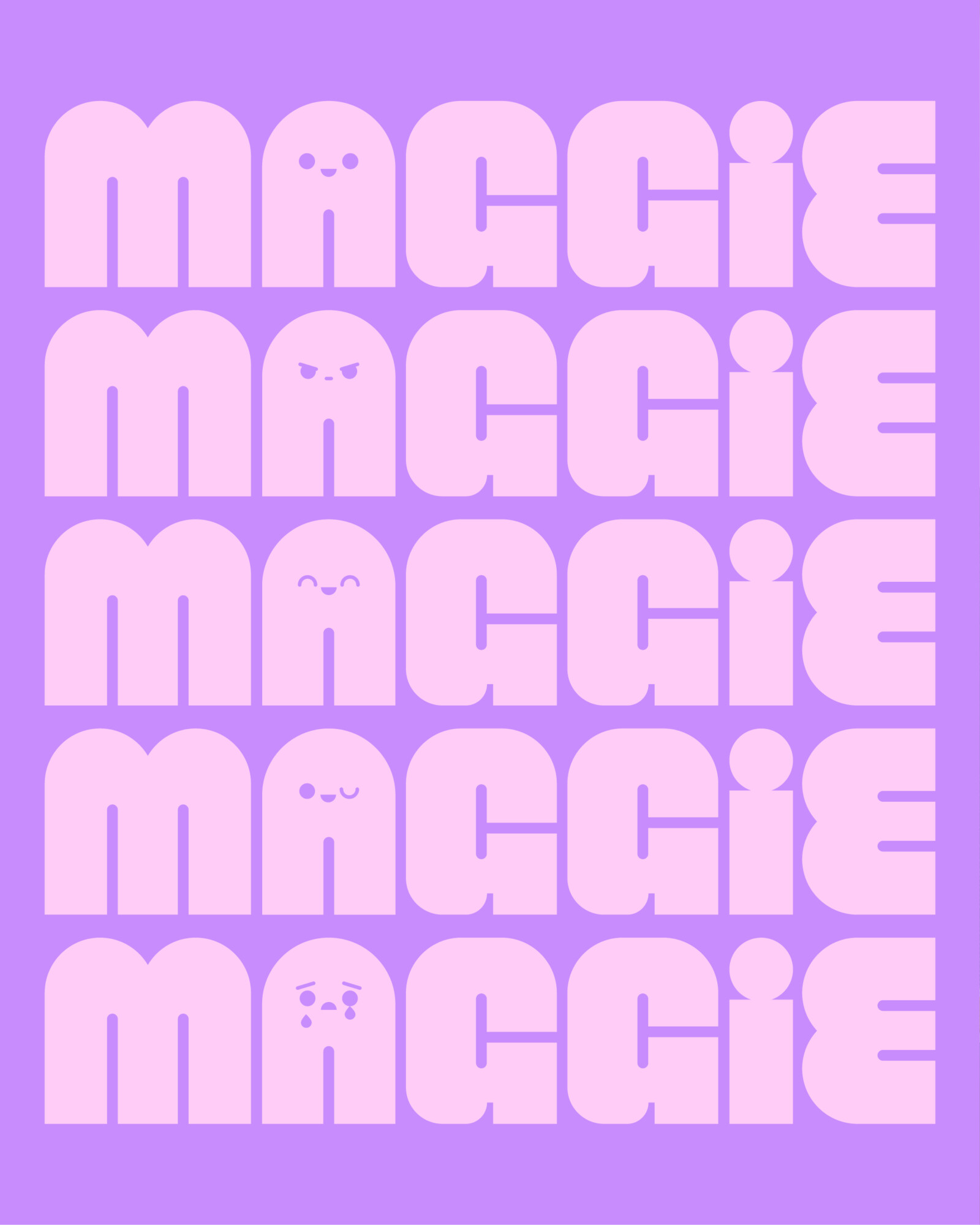 Five lines of the word MAGGIE in light pink, rounded letters on a purple background, with a different expressive emoji face integrated into the letter A on each line for a personalised property marketing campaign.