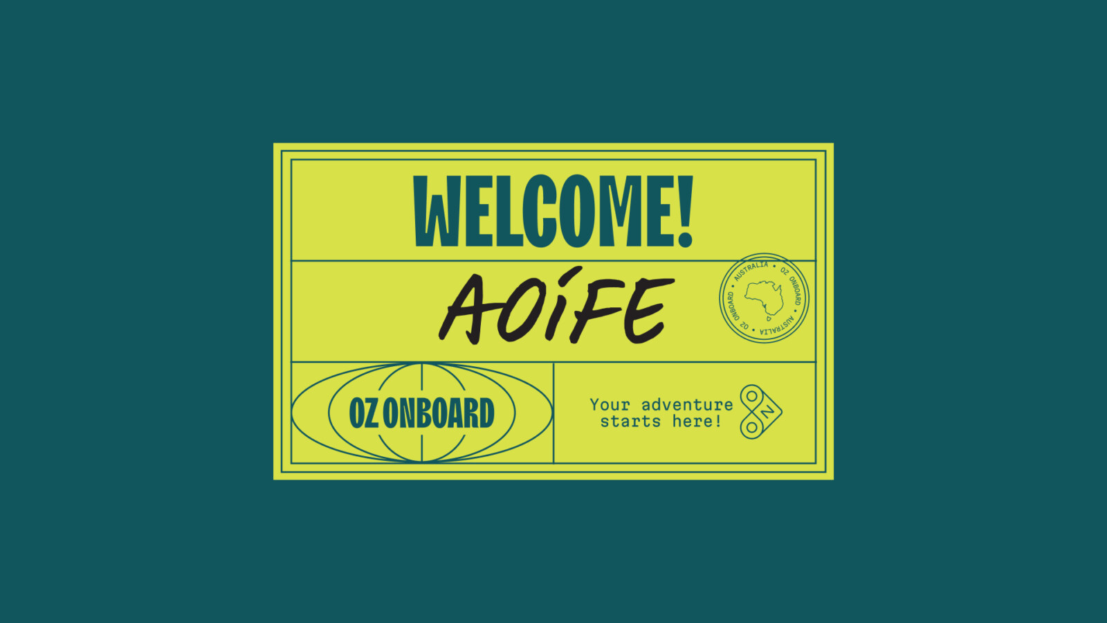 A yellow graphics card on a dark teal background for a personalised property marketing campaign, featuring WELCOME! AOÍFE, Your adventure starts here!, OZ ONBOARD branding, and a circular stamp of the Australian continent.