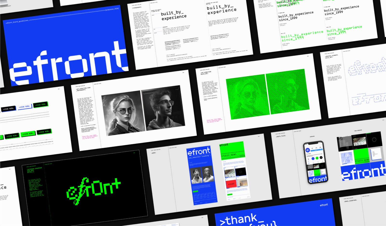 A collage of digital design mock-ups featuring bright blue, green, black, and white backgrounds with bold text, UI layouts, graphs, code, and graphic elements—highlighting a personalised property marketing campaign adapting in real time. “Efront” appears in large type.